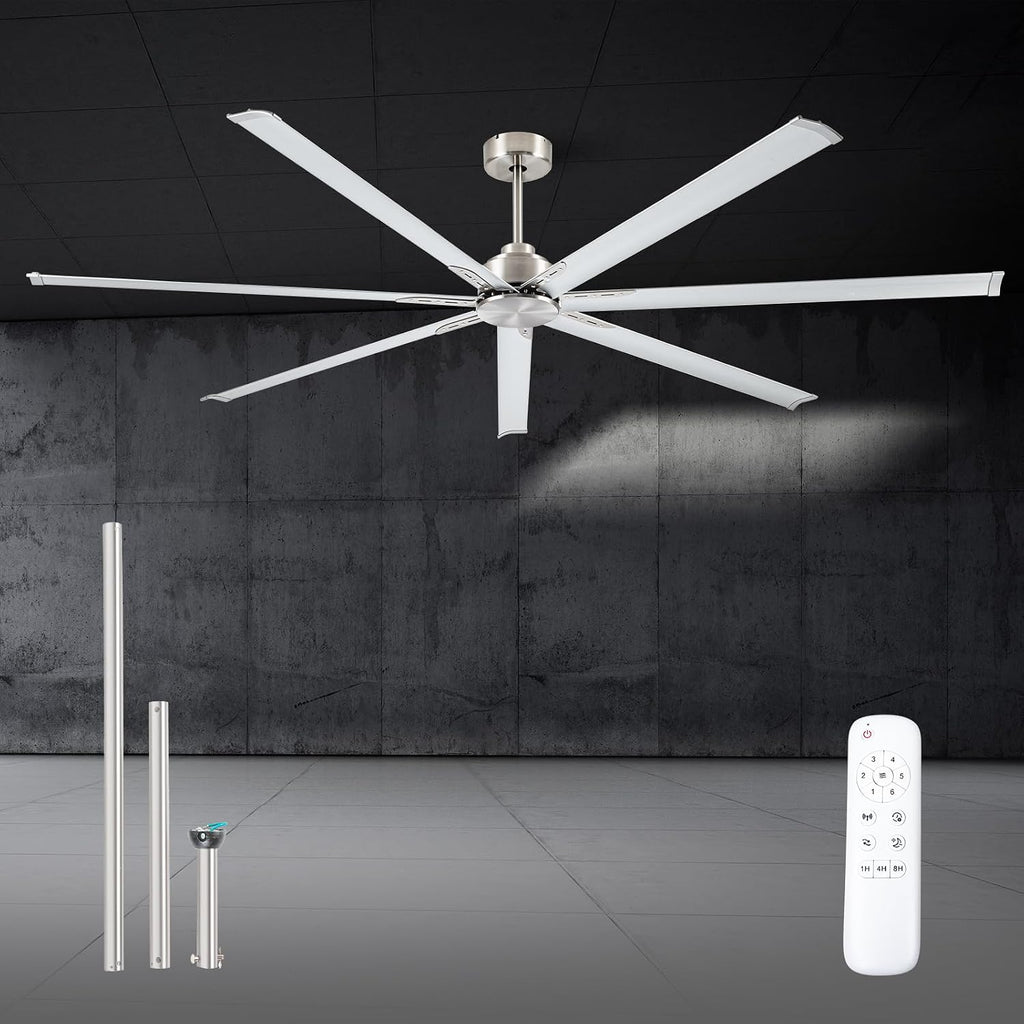 Minislak 96 Inch HVLS Aluminum 7 Blades Industrial & Commercial Ceiling Fan no Light,8ft High CFM DC Motor,6-Speed,Indoor Outdoor Ceiling Fan for Patio,Garage,Shop,Library(Brused Nickel)