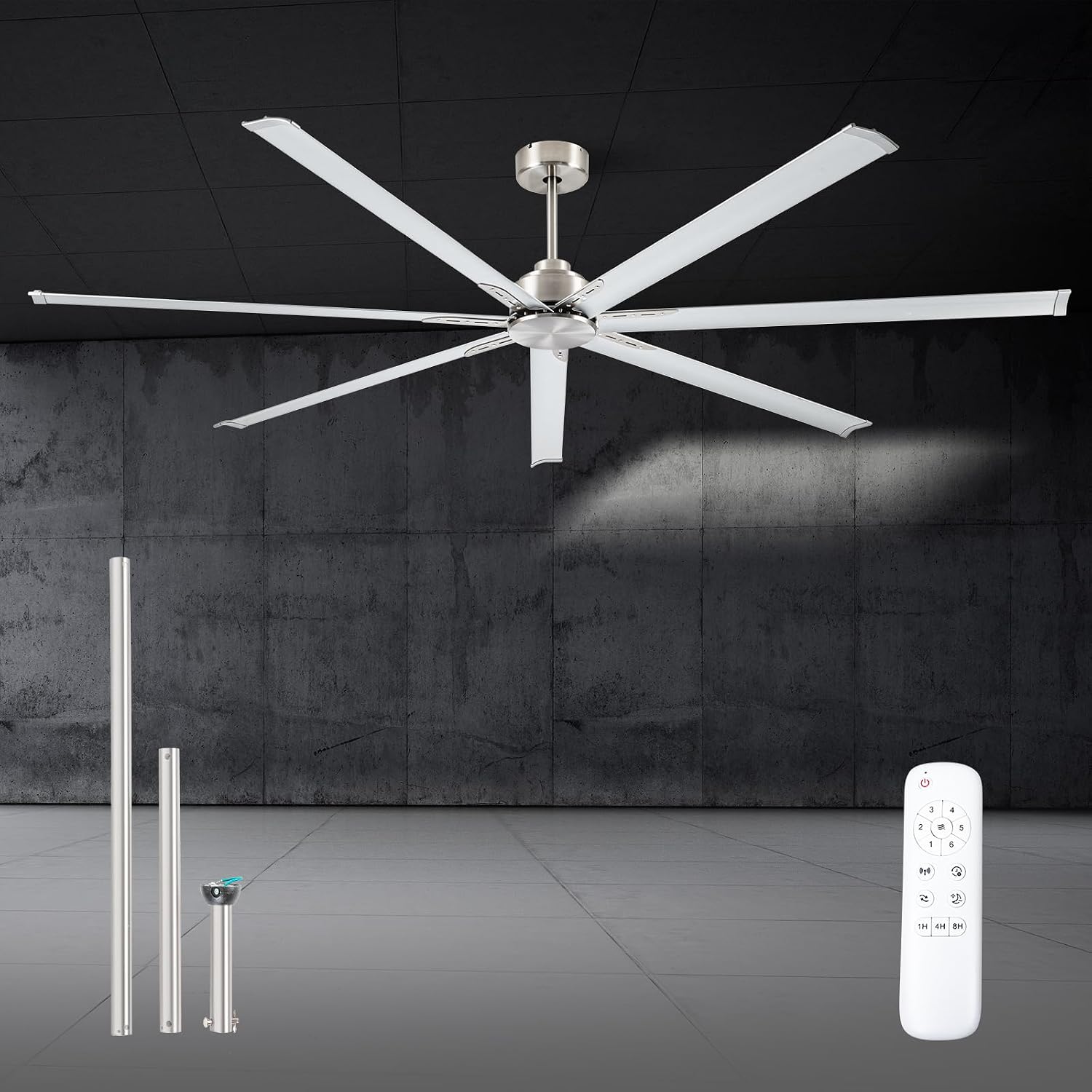 Minislak 96 Inch HVLS Aluminum 7 Blades Industrial & Commercial Ceiling Fan no Light,8ft High CFM DC Motor,6-Speed,Indoor Outdoor Ceiling Fan for Patio,Garage,Shop,Library(Brused Nickel)
