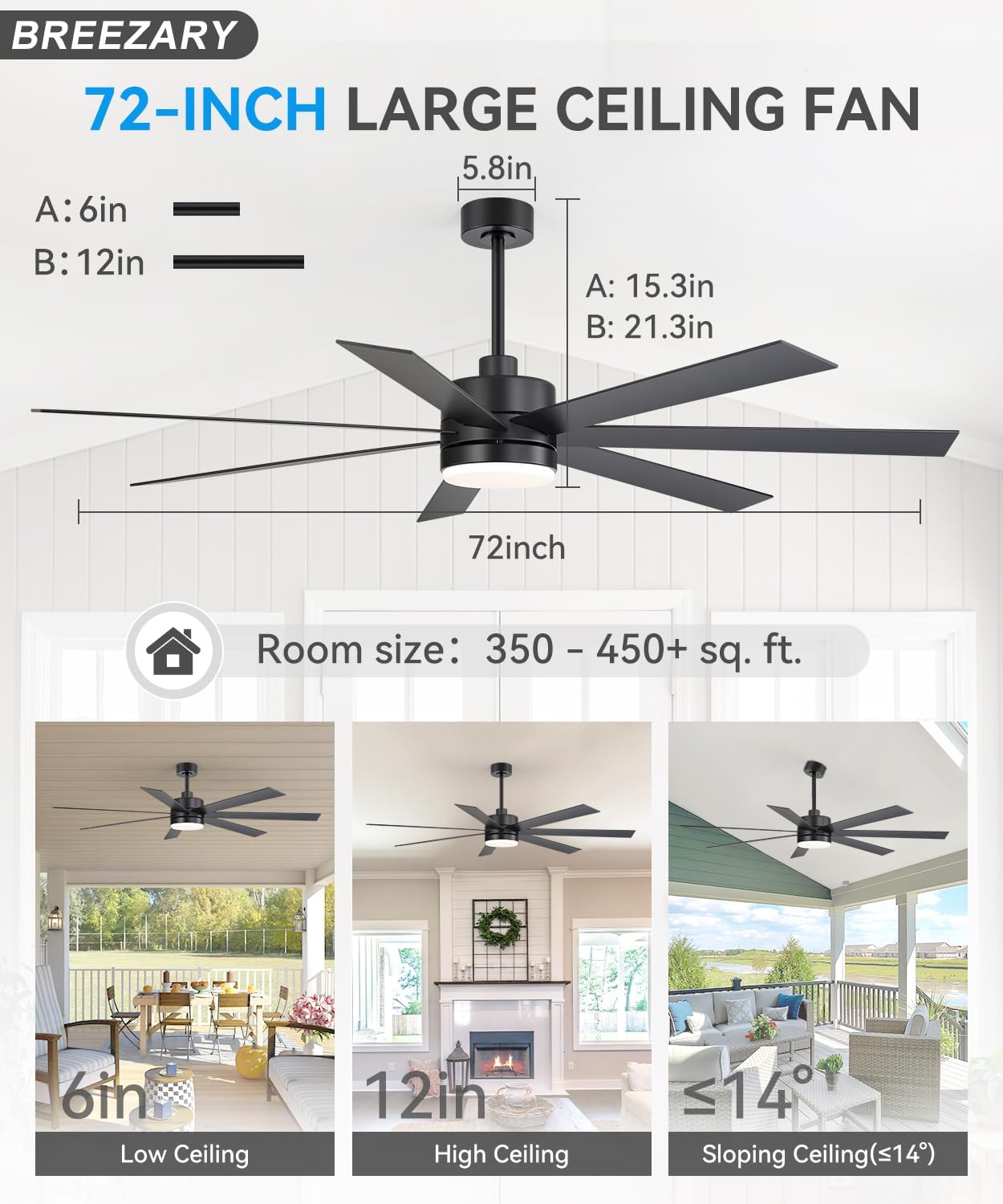 72 inch Large Ceiling Fans with Lights and Remote, 6-Speed Reversible DC Motor, 3 CCT, Dual Finish 7 Blades, Indoor/Outdoor Farmhouse Black Ceiling Fan for Kitchen Living Room Patio