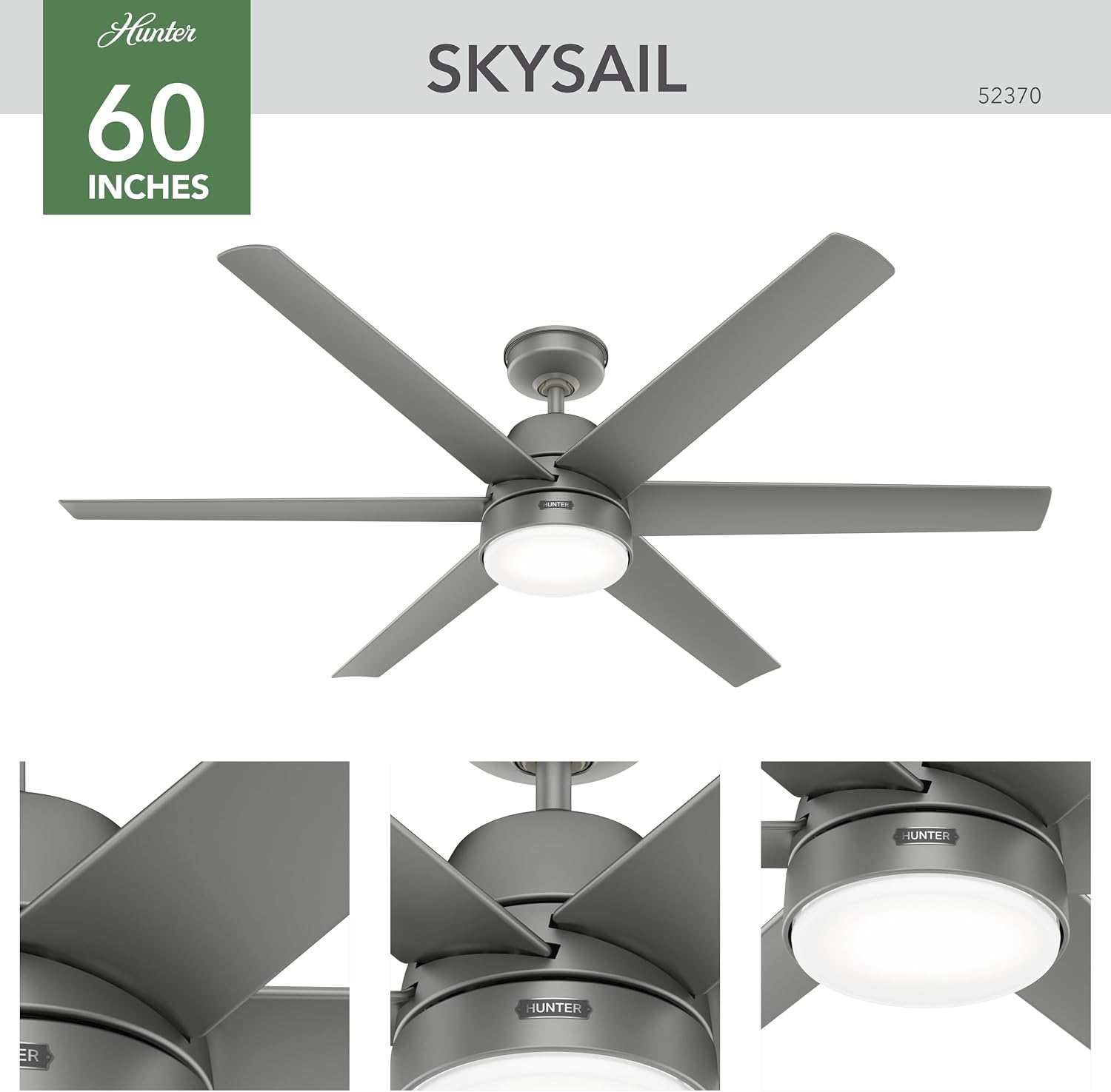 Hunter 60 inch Outdoor or Indoor Ceiling Fan with LED Light - White Ceiling Fan with Wall Control, For Patio, Garage, or Porch, Quiet, Standard Mount, 6 Blades - Skysail 52370, Fresh White
