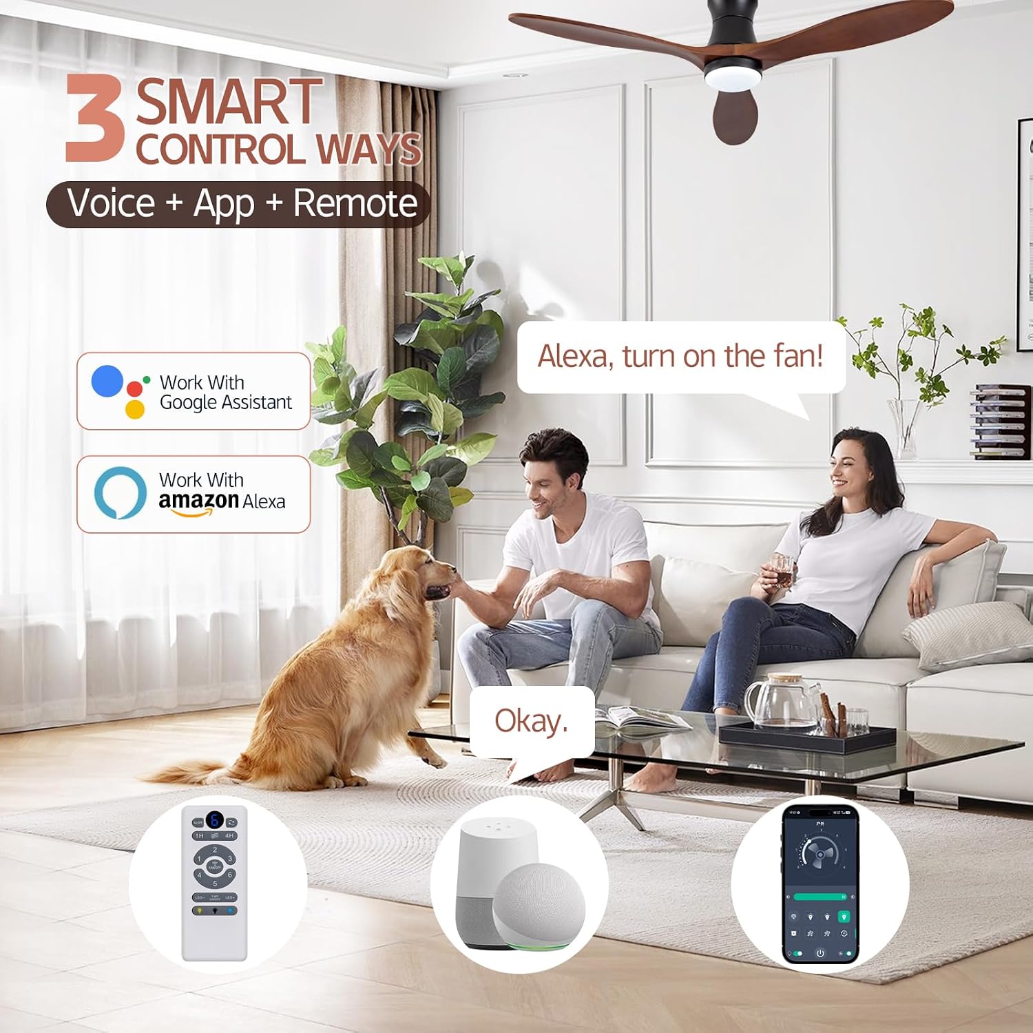 52' Smart Ceiling Fans with Lights and Remote, Compatible with Voice WIFI Alexa App Control,Solid Wood Blades,Reversible,6 Speed,Dimmable,Indoor/Outdoor Ceiling Fans for Living Room,Bedroom,Patio