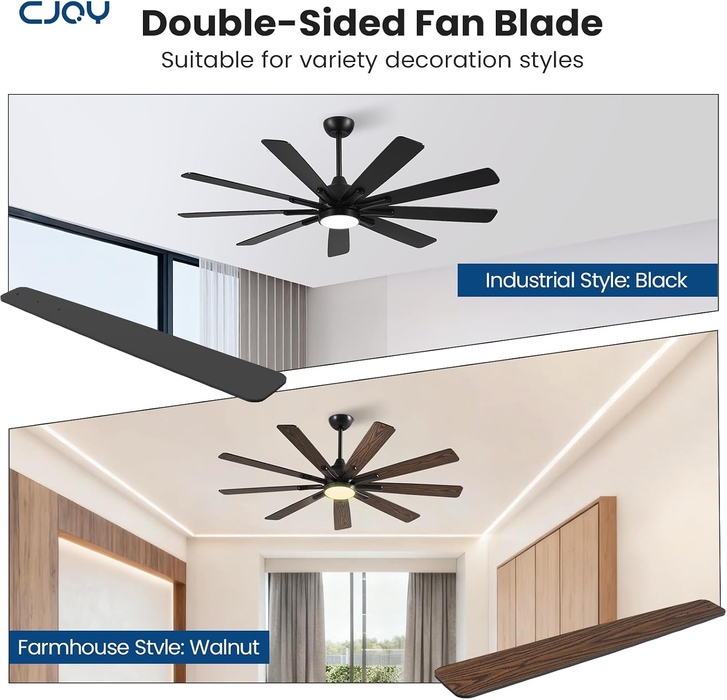 62 Inch Ceiling Fan with Light，Indoor/Outdoor Black Large Ceiling Fans with Lights and Remote for Kitchen Living Room Patio, 9 Blade Reversible Quiet DC Motor,6 Speeds,3 CCT(Dual Finish )