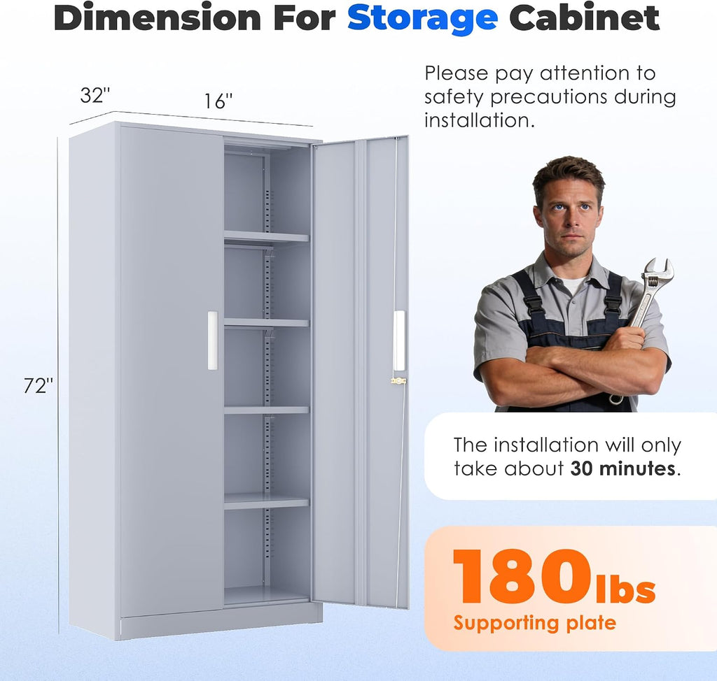 INTERGREAT Garage Storage Cabinet with Lock, 72' Metal Storage Cabinet with Locking Doors and 4 Adjustable Shelves, Lockable Tool Steel Cabinet for Home Office, School, Cement Grey