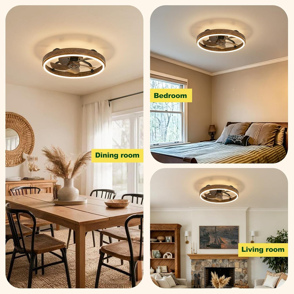 20 Inch Low Profile Farmhouse Ceiling Fan with Dimmable LED & Remote | Rustic Wood Fandelier, Vintage Flush Mount Ceiling Fan, Smart Remote & APP Control, Dimmable LED, 6 Speed, Reversible Blades