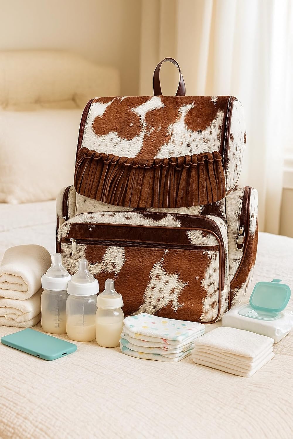 Cowhide Leather Diaper Bag – Handmade Hair-On Diaper Bags with Fringe | Artisan Cow Print Laptop Backpack for Women & Men | Western Style Travel Rucksack Knapsack