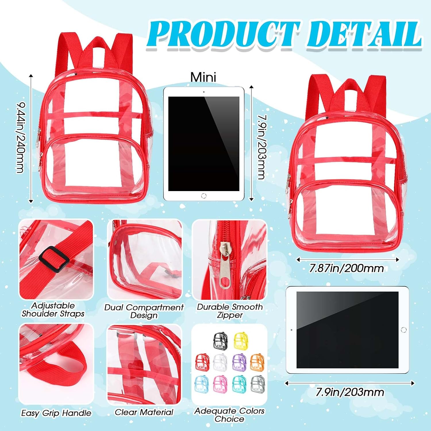 Aliceset Clear Backpack Bulk Waterproof Transparent Colorful Bookbag Donation Supply Kits for Women Men(9 Inch,30 Pcs)