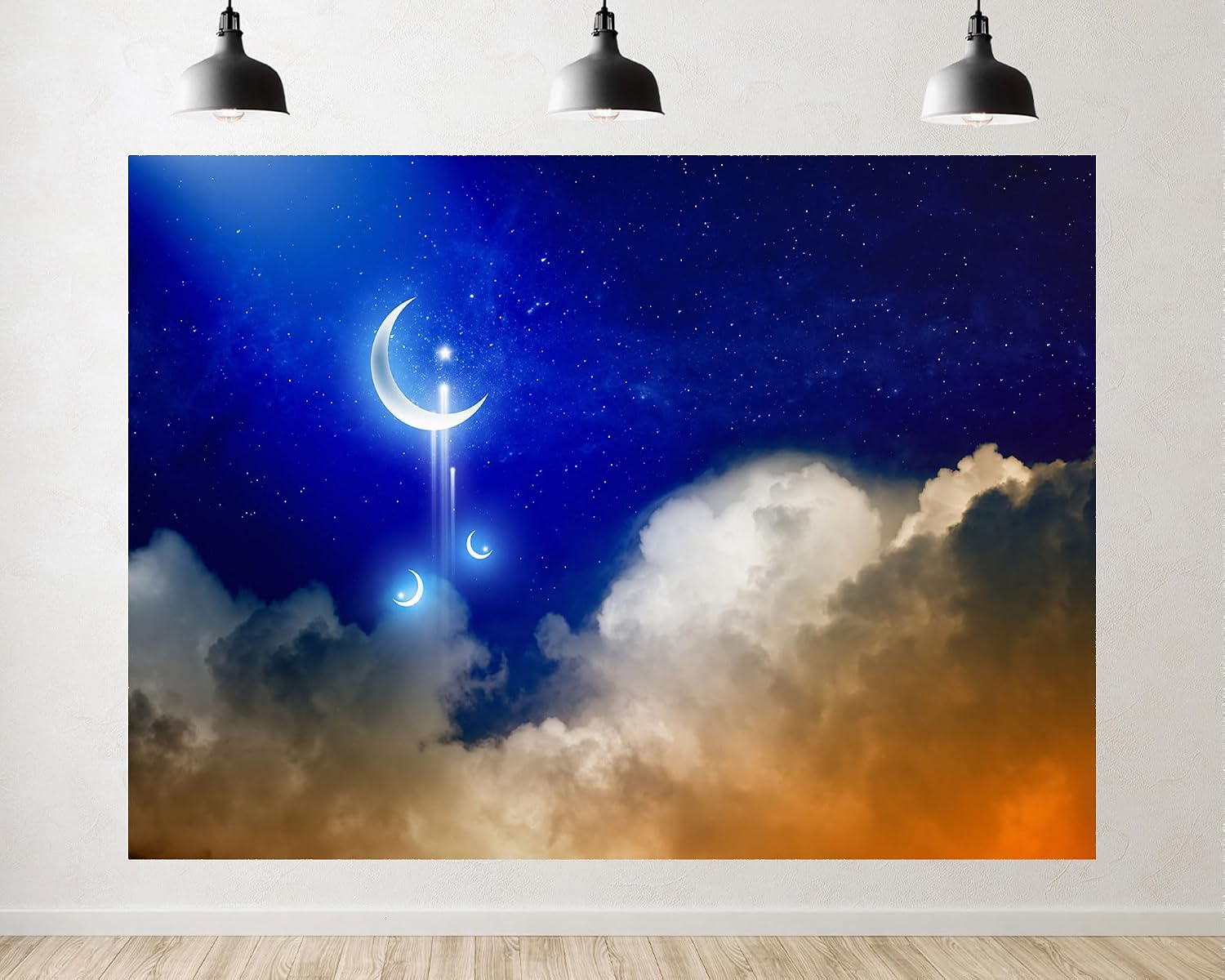 Trykid 20x10ft Crescent Moon Starry Night Sky Backdrop Glowing Islamic Symbol Photography Background Spiritual Eid Party Decoration Tapestry Photo Booth Prop Fabric