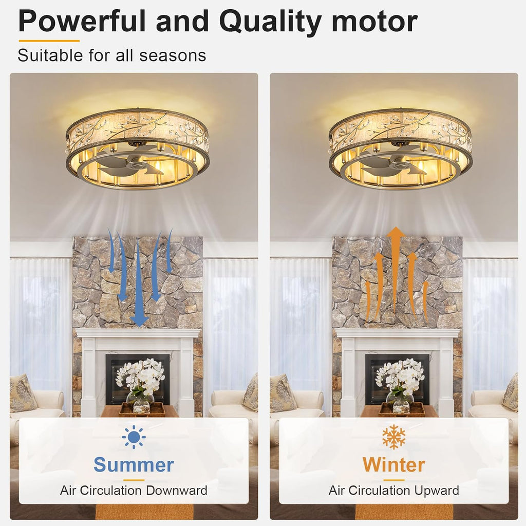 WWM Flush Mount Caged Ceiling Fan with Light and Remote, 24' Crystal Low Profile Ceiling Fans with Reversible Motor, Modern Small Bladeless Fan for Bedroom Kitchen Living Room (8 E12 Bulb Include)