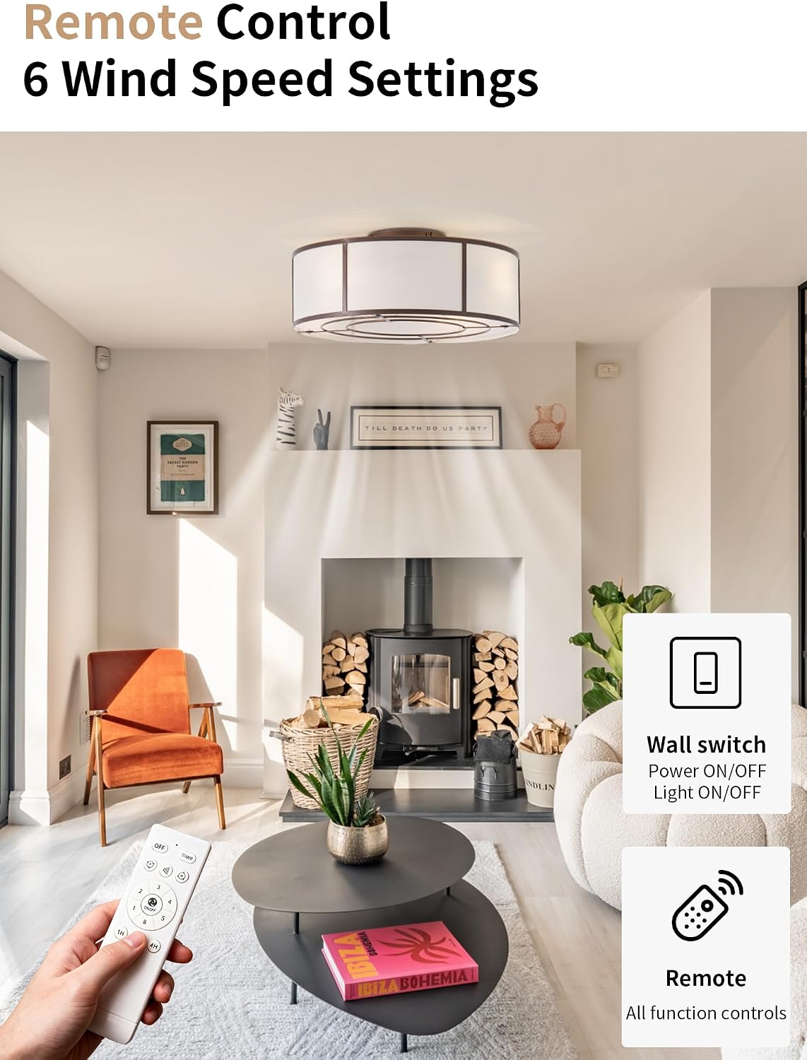 Caged Ceiling Fans with Lights Flush Mount, Low Profile Ceiling Fan with Lights Remote Control, 20'' Modern Bladeless 6 Speeds for Bedroom, Nursery, Kitchen, Brown