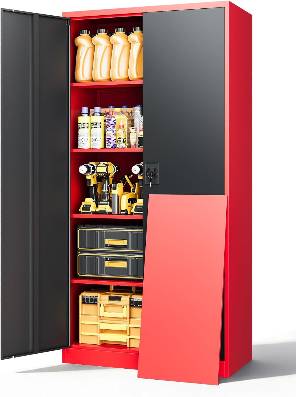 72 Inch Metal Cabinet,Lockable Storage Cabinet with 2 Doors and 4 Adjustbale Shelves,Tall Tool Cabinet Cabinet for Garage,Basement,Home Office,Gym(Red & Black)