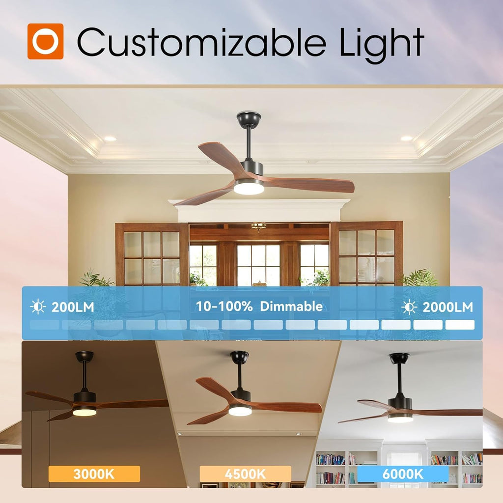 addlon 2 Pack 52 inch Ceiling Fans with Lights, Black Ceiling Fan with Light and Remote Control, Reversible, 3 Wood Blades, 6 Speeds, 3CCT Dimmable, Noiseless, Wood Ceiling Fan for Indoor/Outdoor Use