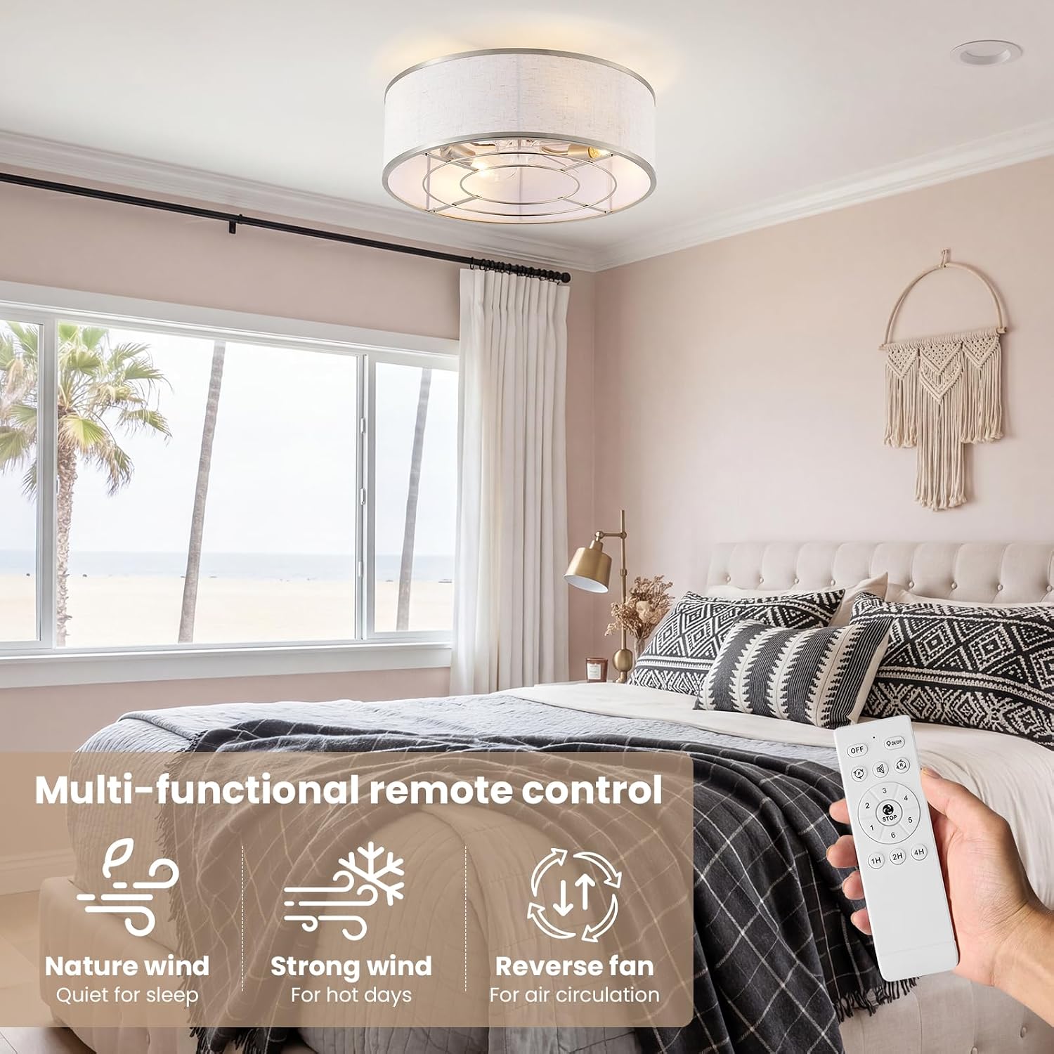 20 Inch Boho Ceiling Fan with Light, Low Profile Flush Mount Caged Ceiling Fan, Bladeless Silver Drum Chandelier with Remote, 6 Speed Reversible DC Motor for Bedroom Living Room, Nursery