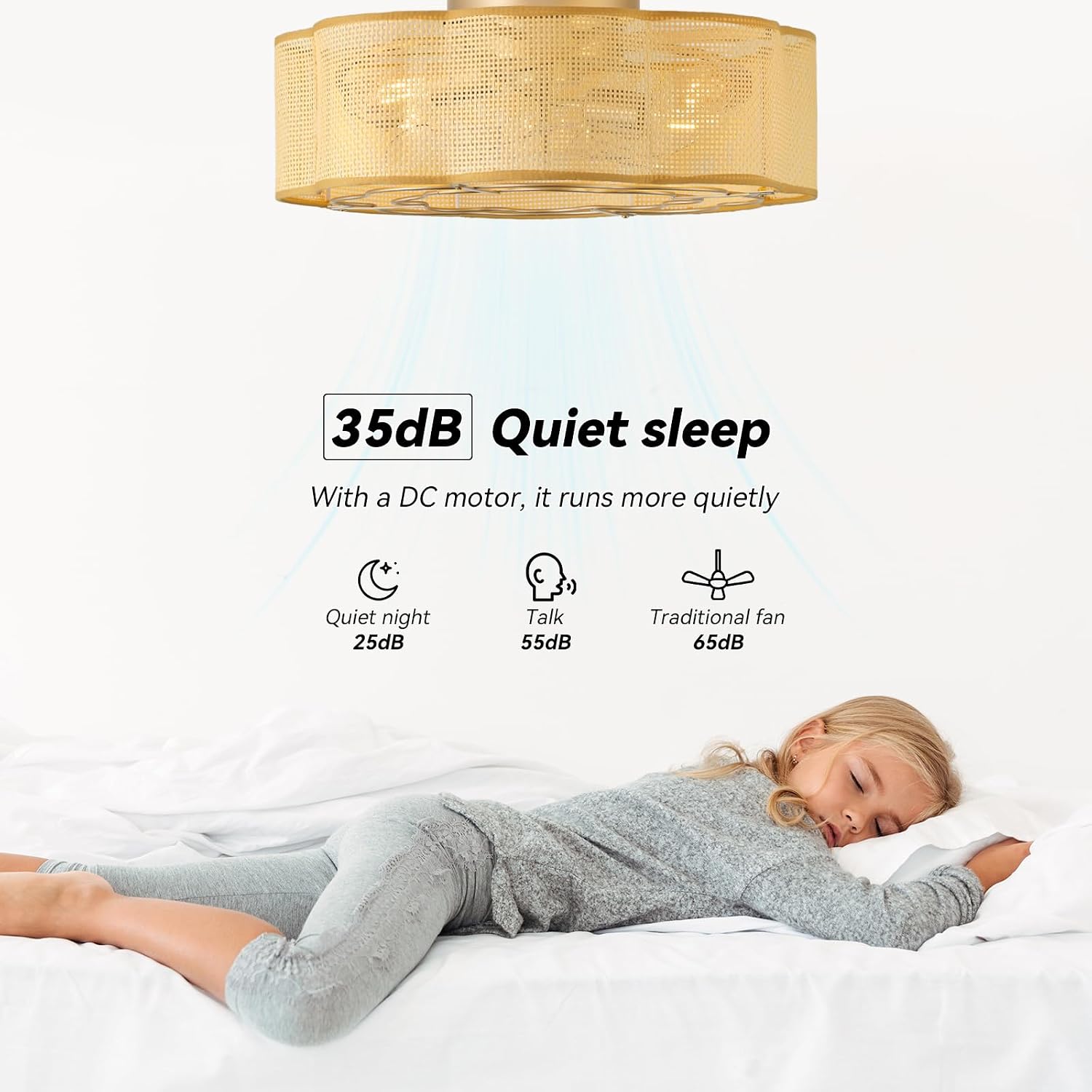 20' Low Profile Ceiling Fan with Light, Caged Flush Mount Ceiling Fan with Light Remote Control, Boho Bladeless with 6 Speeds for Bedroom, Nursery, Living Room.