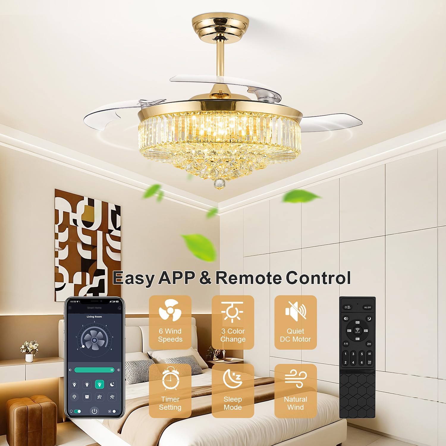 FIDGRA 52 Inch Fandelier Ceiling Fan with Light, Retractable Chandelier Fan, 3 Color Temperature, 6 Wind Speed, Crystal Ceiling Fan for Bedroom Living Room Dining Room-Gold