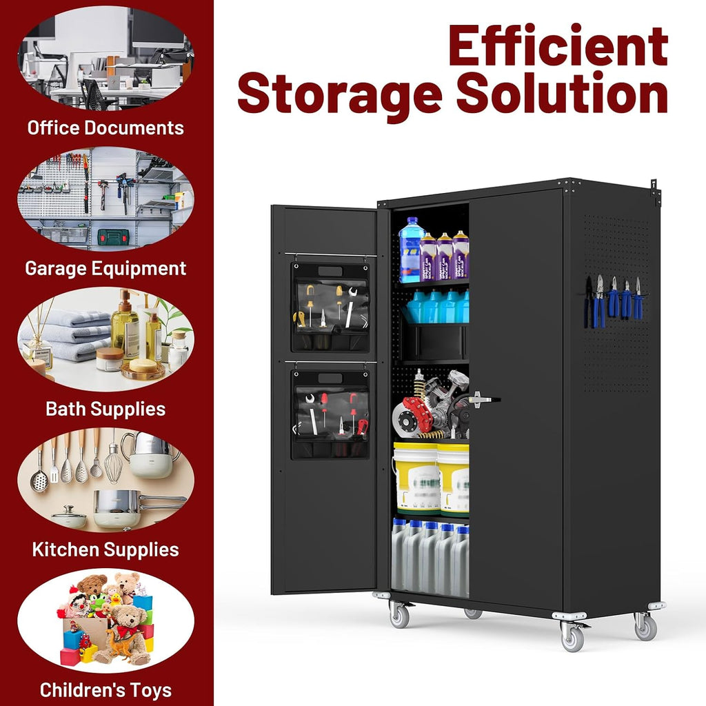 Tall & Wide Metal Garage Storage Cabinet with 4 Adjustable Shelves, 43''W x 22''D x 72''H with Wheels & Pegboards, Heavy Duty Lockable Garage Cabinet for Warehouse, Basement, Office, Gym