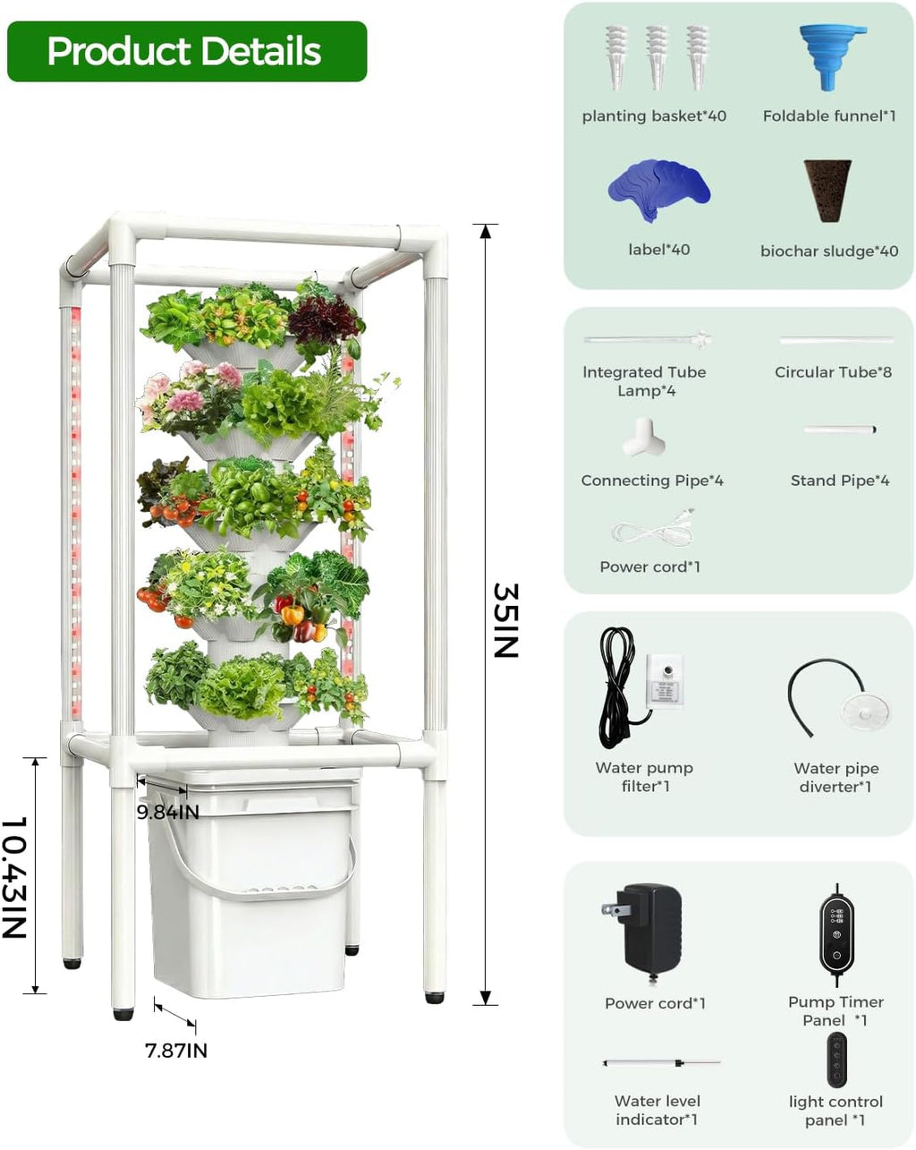 SJZX Hydroponics Growing System, Hydroponic Tower with Full-Spectrum Grow Lights, 5/14Tiers Indoor Outdoor Garden Planter, Vertical Home Gardening Germination Kits for Vegetables, Fruits, Herb (5L6H)