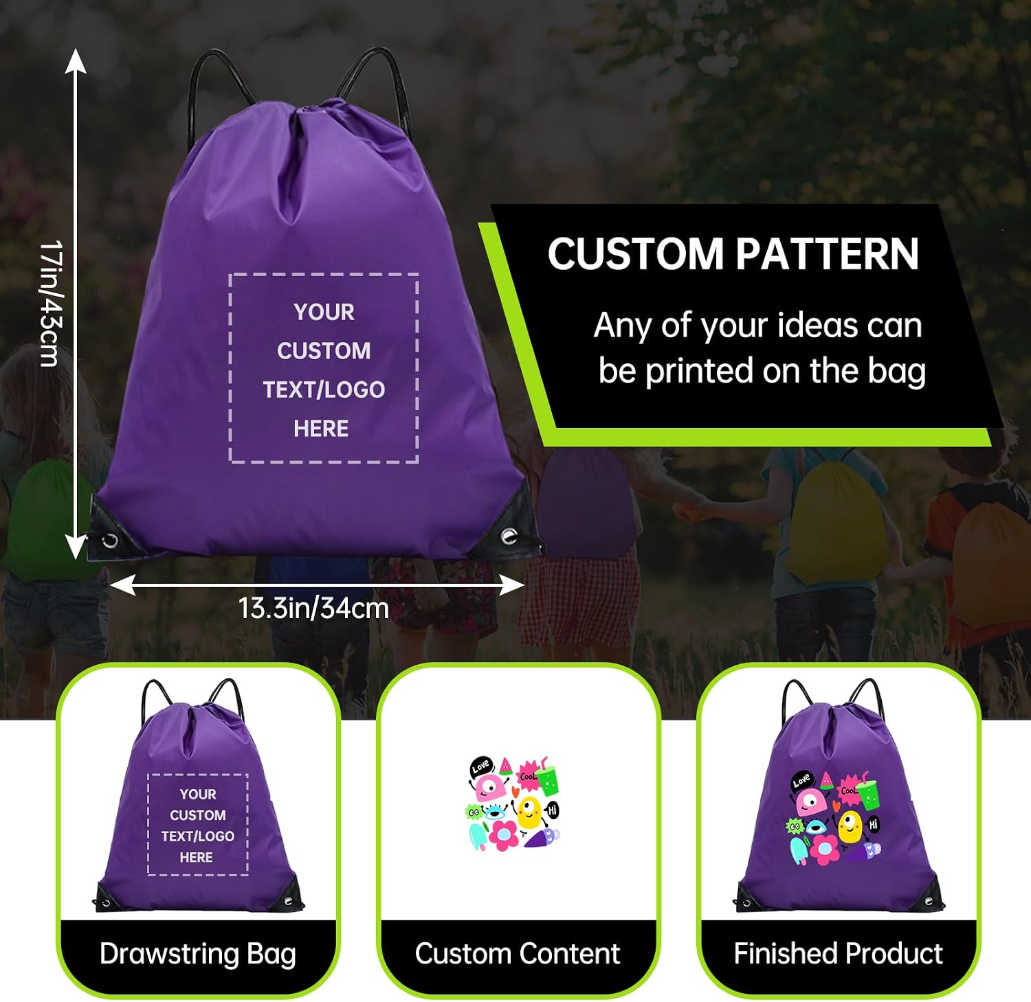 JEOHLORY pack of 100 Custom Bags With Your Logo,customized backpack,promotional items,Drawstring Backpacks,Great for Everyday Use (Custom Purple)