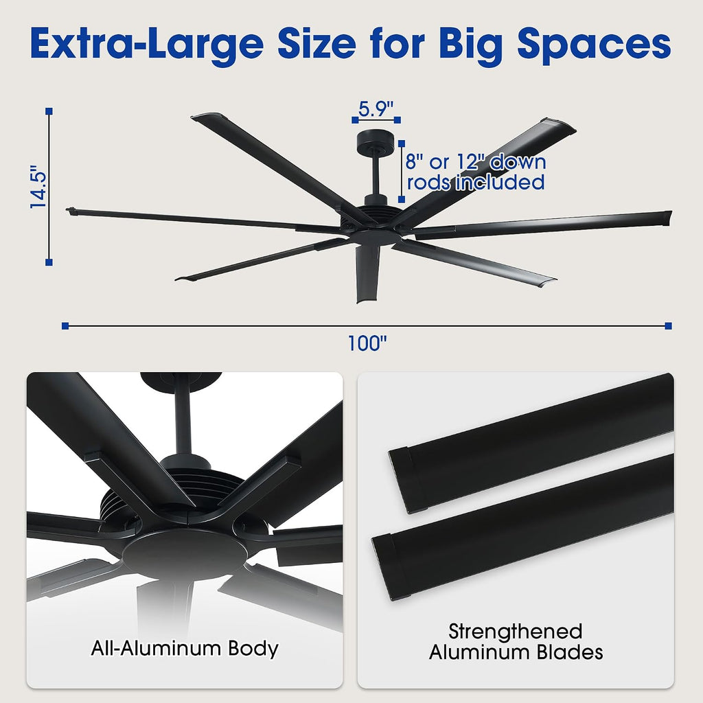100 Inch Industrial Ceiling Fan, Large Black Outdoor Ceiling Fans for Paitos with Remote Control, High CFM Quiet DC Motor Commencial Shop Fan for Garage Gym, Reversible 7 Aluminum Blades, Timer