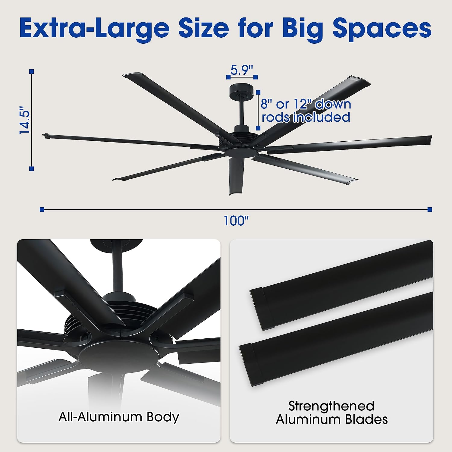 100 Inch Industrial Ceiling Fan, Large Black Outdoor Ceiling Fans for Paitos with Remote Control, High CFM Quiet DC Motor Commencial Shop Fan for Garage Gym, Reversible 7 Aluminum Blades, Timer
