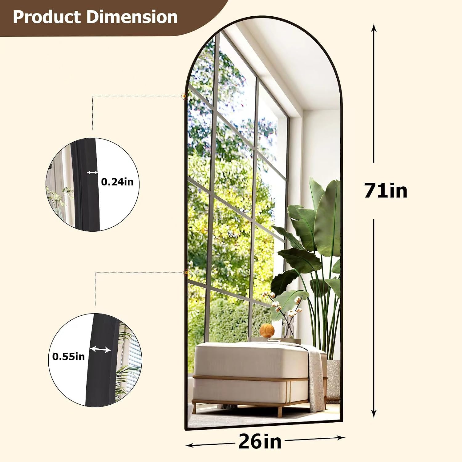 GLSLAND 26' x 71' Arched Full Length Mirror - Black Full Body Mirror - Extra Large Floor Mirrors for Bedroom, Living Room, Bathroom