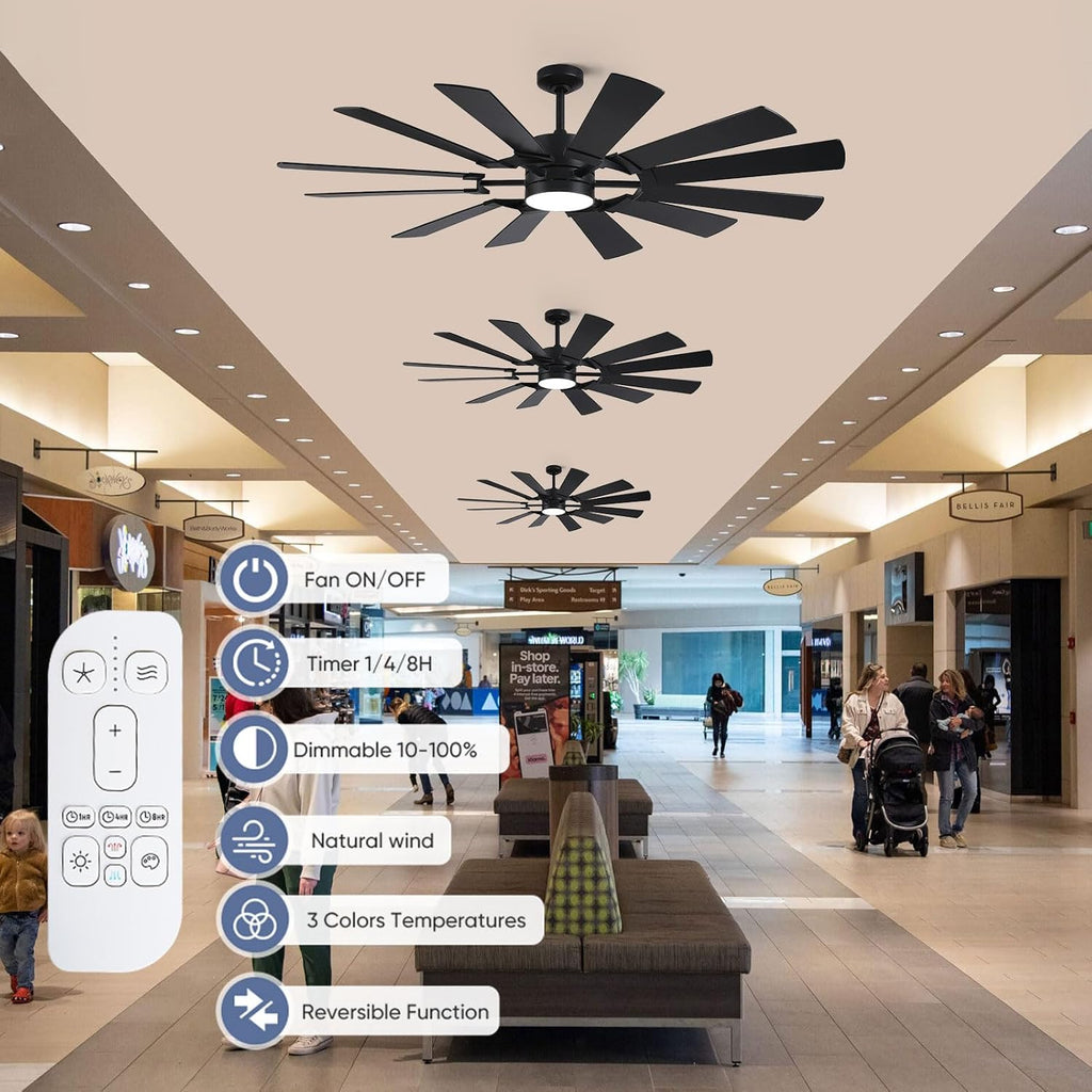 62 Inch Outdoor Ceiling Fans with Lights Remote, Modern Black Industrial Ceiling Fan with Light 6 Speed Quiet Reversible DC Motor for Patio Porch Shop Garage, Indoor/Exterior, 12 Dual-finish Blade