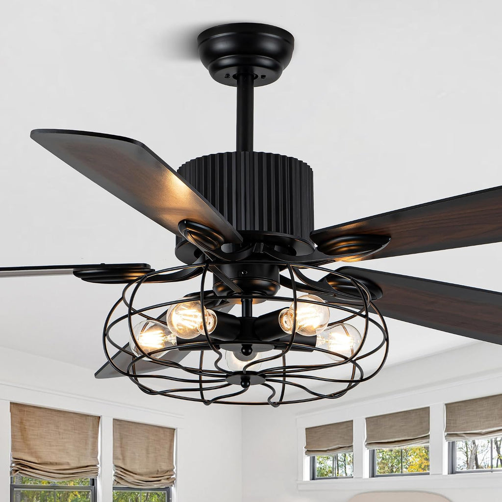 52' Ceiling Fans with Lights and Remote,Industrial Caged Rustic Retro Chandelier Ceiling Fan with Reversible Motor,8 Double Colour Blades for Dining Room Living Room Bedroom