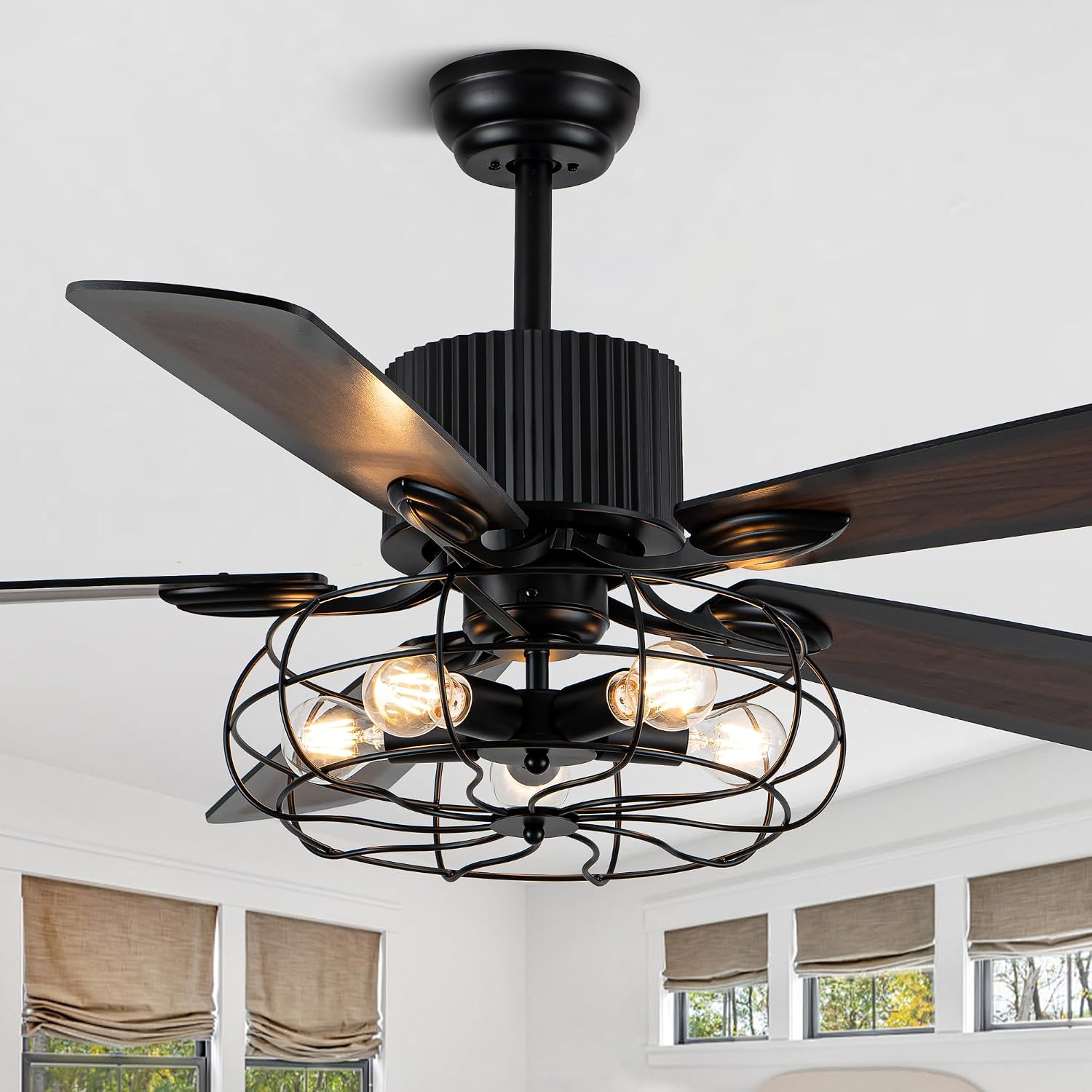 52' Ceiling Fans with Lights and Remote,Industrial Caged Rustic Retro Chandelier Ceiling Fan with Reversible Motor,8 Double Colour Blades for Dining Room Living Room Bedroom