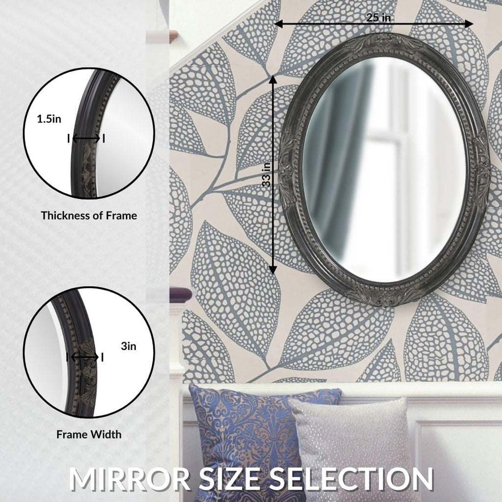 Howard Elliott Collection Queen Ann Antique Black Oval Mirror, Bevelled Vintage Hanging Wood Framed Vanity Wall Mirrors for Home Decor, Living Room, Bathroom, Bedroom, or Hallway, 25 x 33 Inch