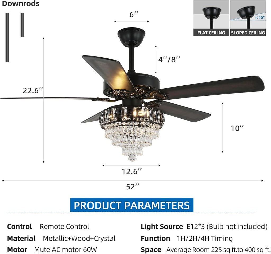Modern Crystal Ceiling Fans with Lights and Remote Control, Farmhouse Retro Black Ceiling Fan Light, 52 Inch Fandelier Ceiling Fan for Living Room, Dining Room, Bedroom, Office