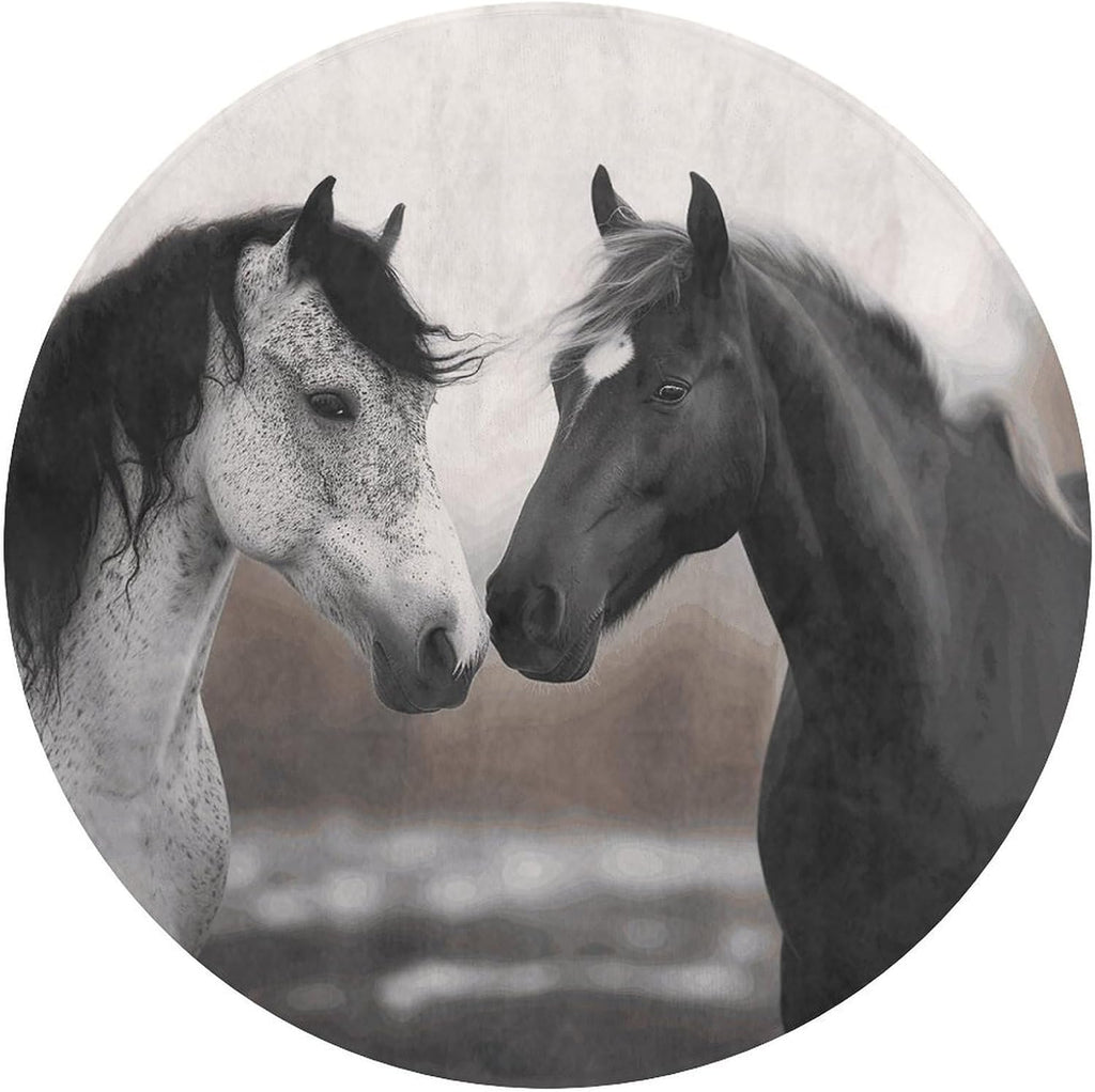 Black and White Horses Coral Velvet Round Floor Mat Non-Slip Bath Rug Floor Covering for Bathroom Vanity Guest Suite & Vacation Home