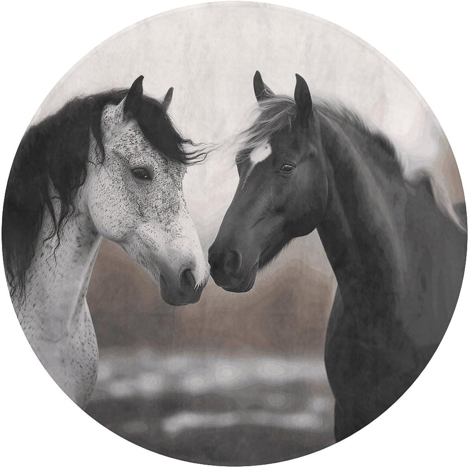 Black and White Horses Coral Velvet Round Floor Mat Non-Slip Bath Rug Floor Covering for Bathroom Vanity Guest Suite & Vacation Home
