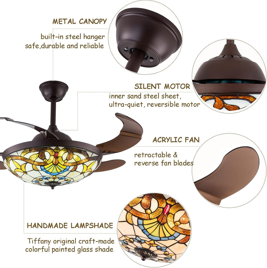 TFCFL 42 Inch Tiffany Style Invisible Ceiling Fan with Lights and Remote Control,Stained Glass Ceiling Fan Vintage Chandelier with Retractable Reverse Blades 6 Speeds 3 Light for Bedroom Living Room