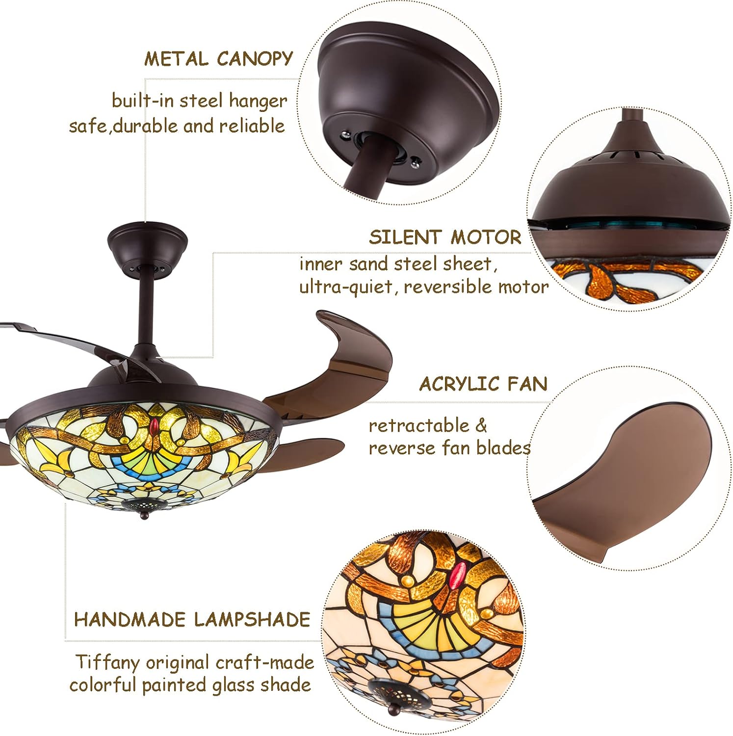 TFCFL 42 Inch Tiffany Style Invisible Ceiling Fan with Lights and Remote Control,Stained Glass Ceiling Fan Vintage Chandelier with Retractable Reverse Blades 6 Speeds 3 Light for Bedroom Living Room