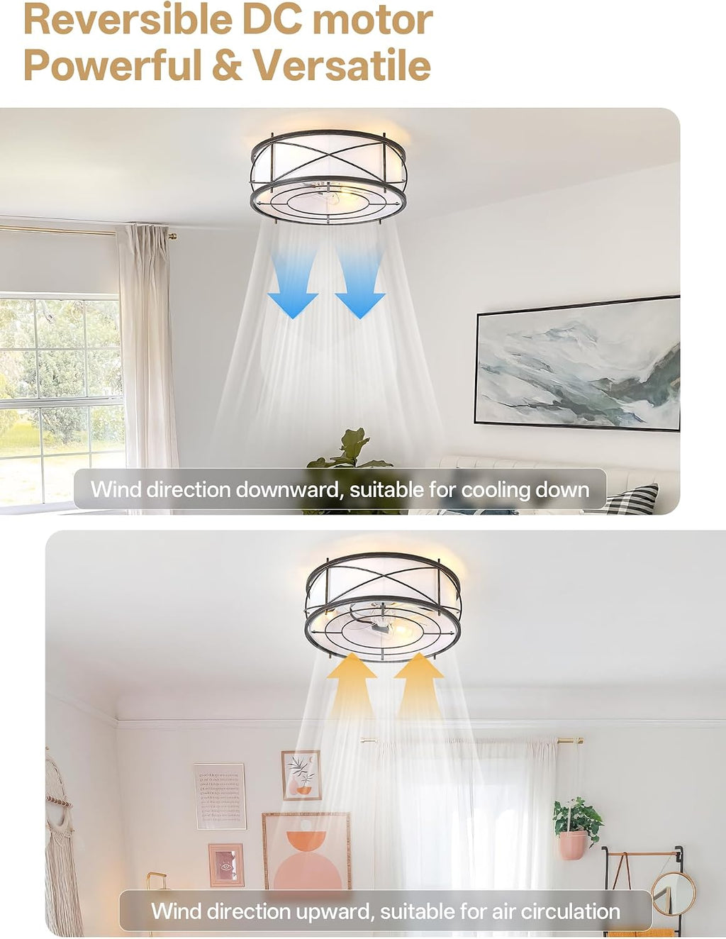 Black Flush Mount Farmhouse Ceiling Fan with Lights, 20' Caged Rustic Ceiling Fans with Light and Remote, Enclosed with 6 Speeds for Living Room, Bedroom, Nursery