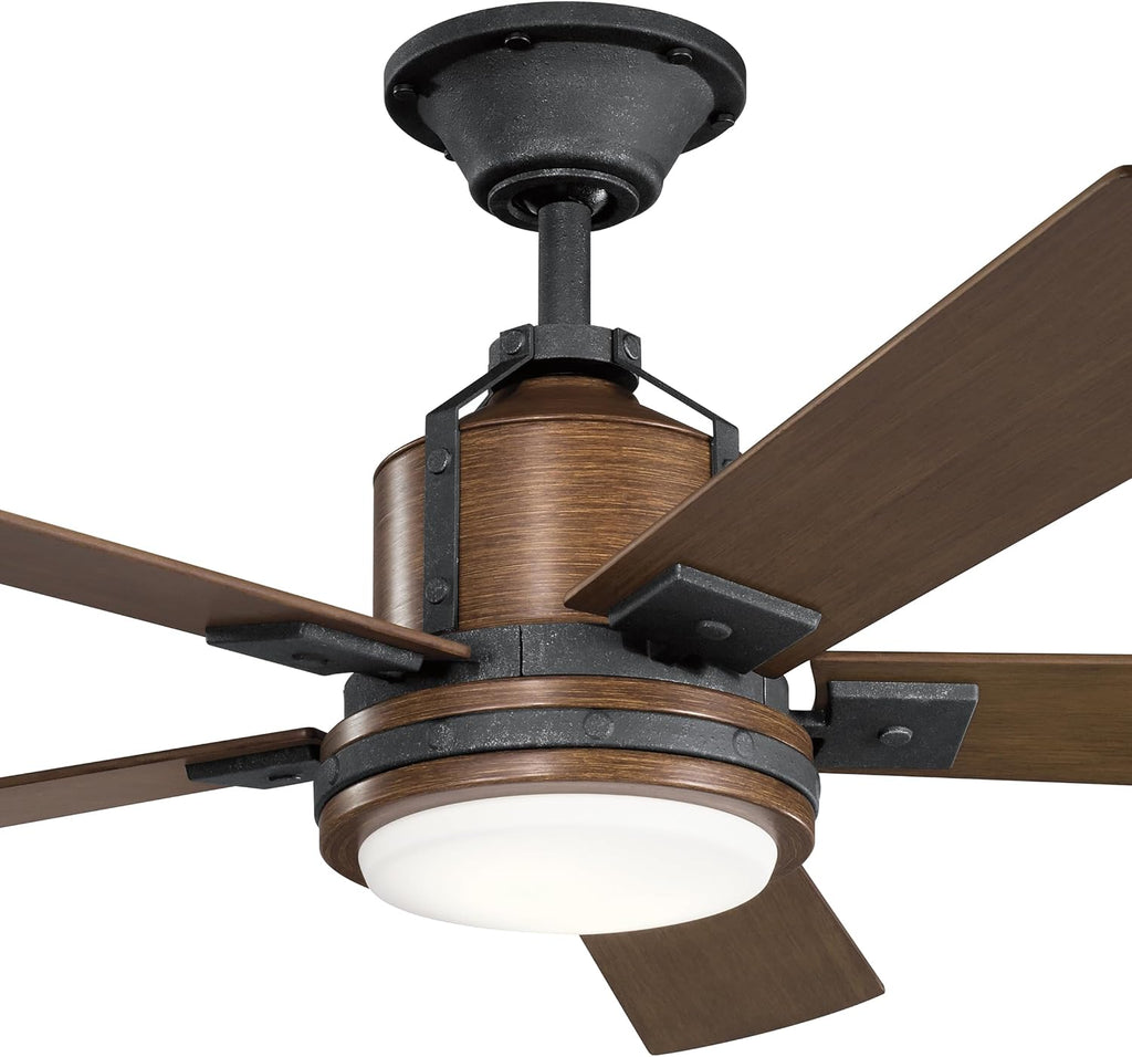 Kichler Colerne 52'Ceiling Fan with LED Light in Black, 5-Blade Vintage Industrial IndoorFan, 3000k, (52'W x 17' H), 300052DBK