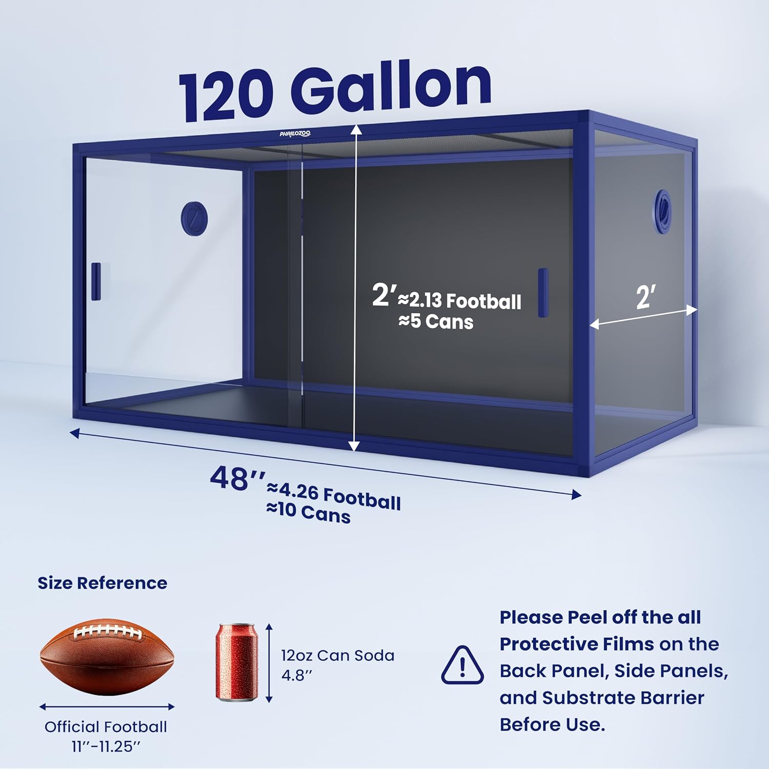 Phailozoo 120 Gallon Bearded Dragon Tank,Stackable Reptile Enclosure with Front Sliding Tempered Glass Doors,Easy Assembly Aluminum Frames Reptile Tank for Snake & Lizard