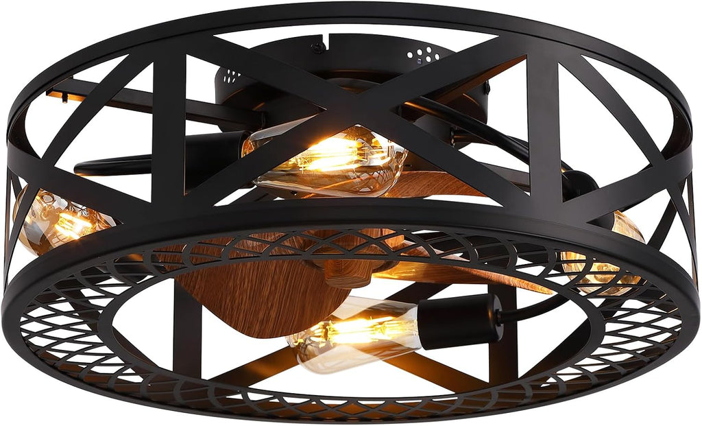 20' Caged Ceiling Fans with Lights, Modern Dimmable Flush Mount Ceiling Fan with Lights Remote, Black Low Profile Ceiling Fan for Bedroom, Kitchen,6 Speed Reversible