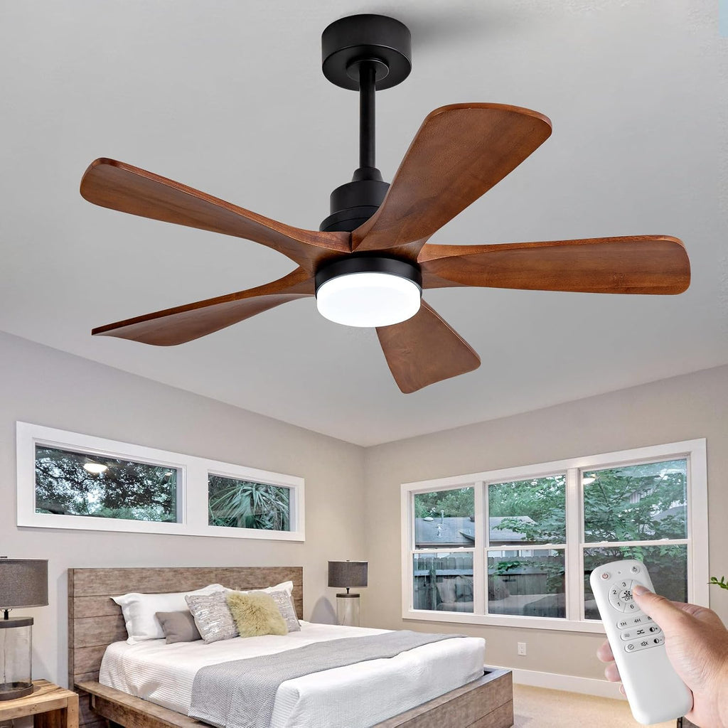 42 Inch Ceiling Fans with Lights and Remote Control, Outdoor Ceiling Fan for Patios, Black Ceiling Fan with Lights for Bedroom, Noiseless DC Motor, Dimmable Led 5 Solid Wood Blades