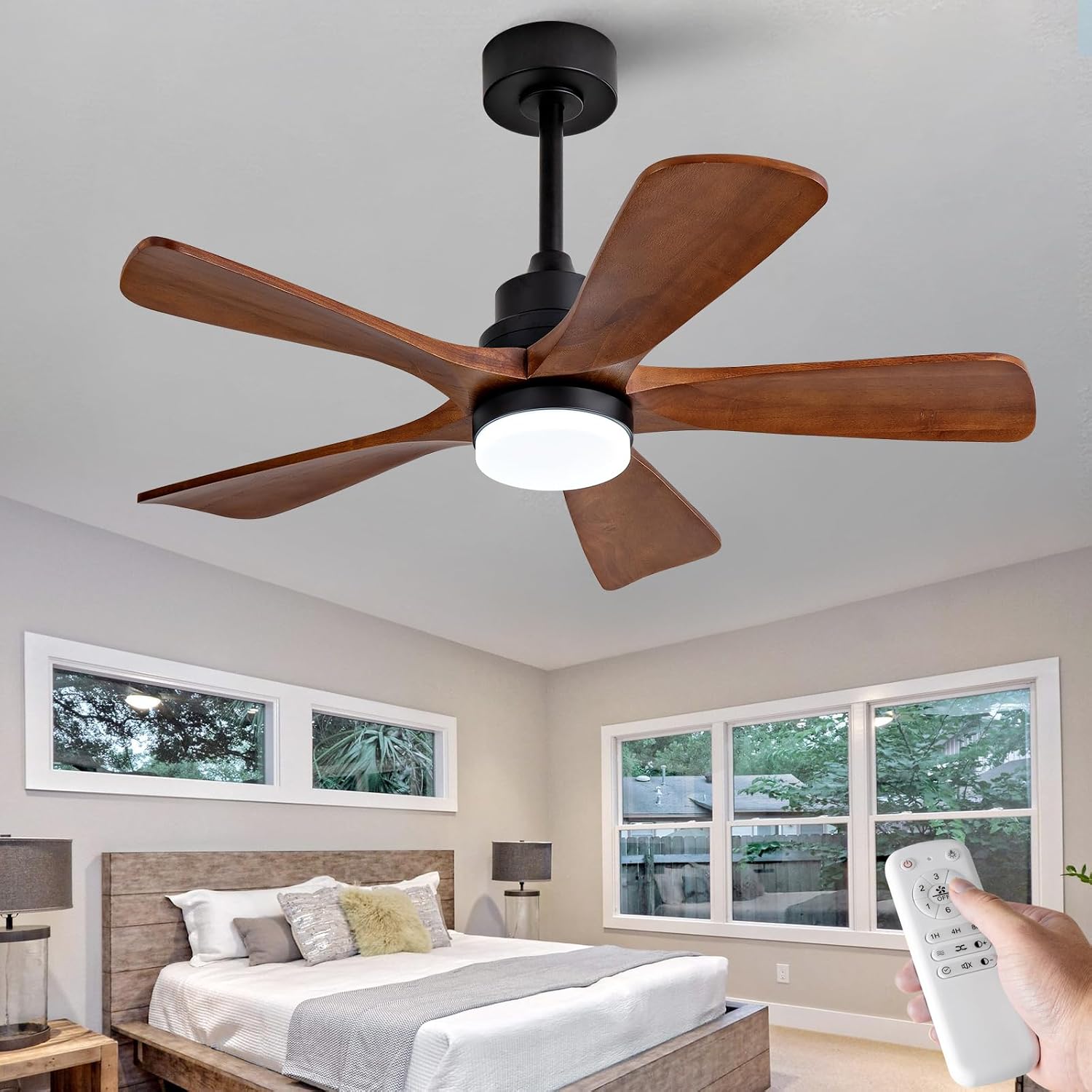 42 Inch Ceiling Fans with Lights and Remote Control, Outdoor Ceiling Fan for Patios, Black Ceiling Fan with Lights for Bedroom, Noiseless DC Motor, Dimmable Led 5 Solid Wood Blades
