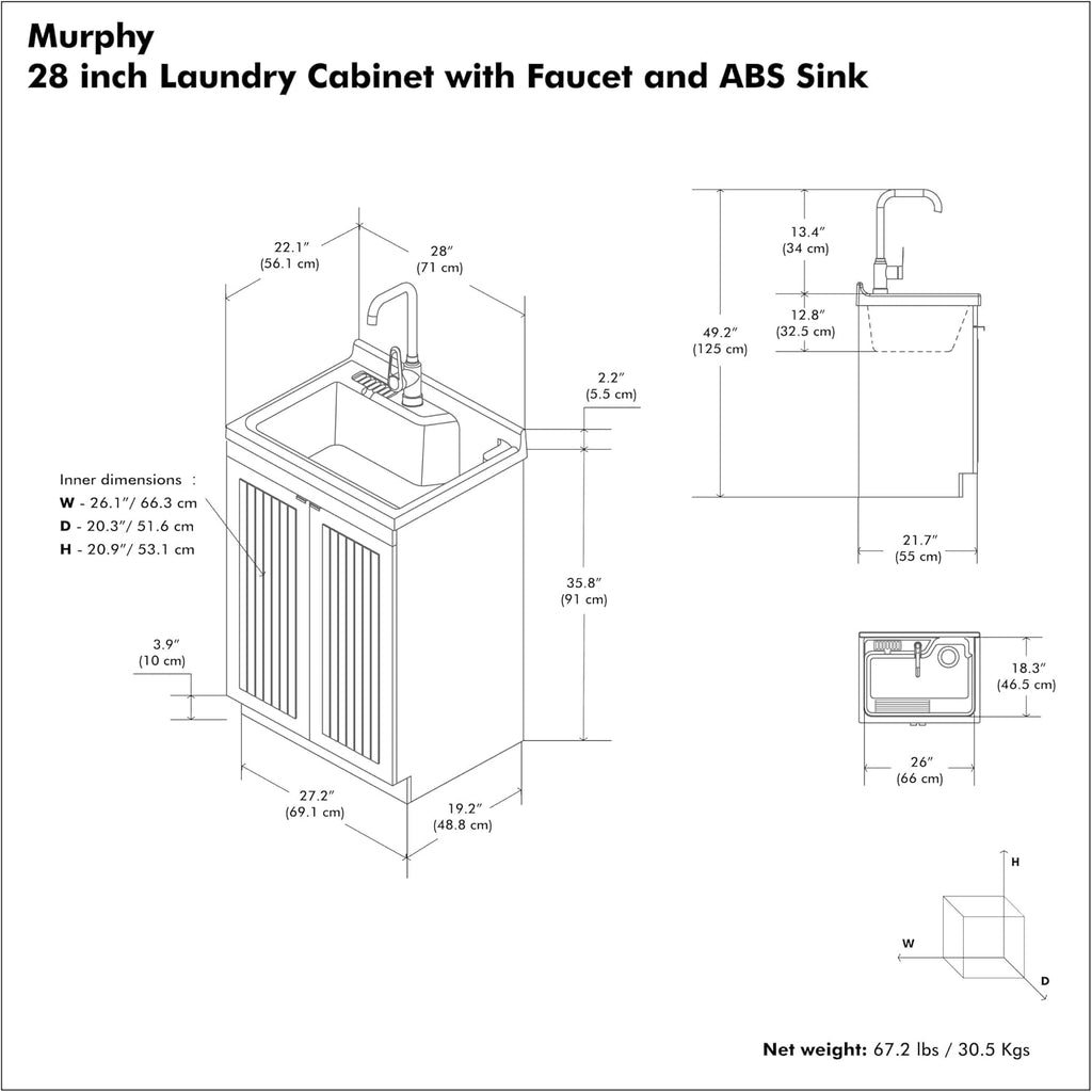 SIMPLIHOME Murphy All-in-One 28 inch Wide Utility Sink and Laundry Cabinet in Pure White Finish, Transitional ABS Sink Cabinet for Laundry Rooms with High-Arch Chrome Faucet and Pull-Out Spray