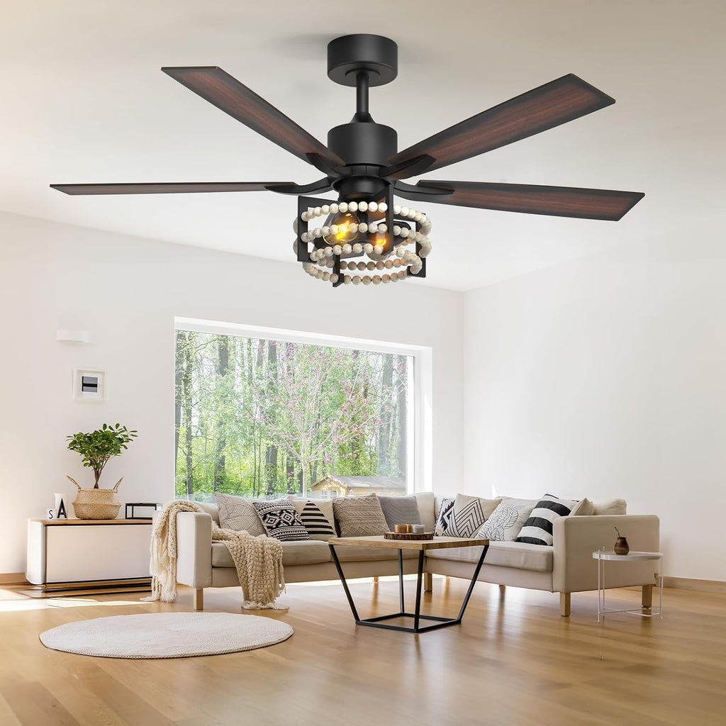 Consciot Boho Ceiling Fans with Lights Remote 52 Inch, Farmhouse Caged Ceiling Fan, 5 Double Finish Wood Blades, Reversible DC Motor, Rustic Ceiling Fan for Living Rooms, Bedrooms, Porch, Boho Decor
