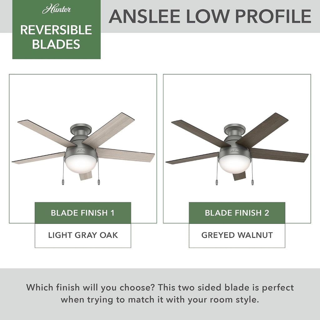 Hunter 46 inch Indoor Ceiling Fan with LED Light - Ceiling Fan with Pull Chain, For Bedroom, Living Room, or Kitchen, Low Profile Mount, No Remote, 5 Blades - Anslee 59270, Matte Silver
