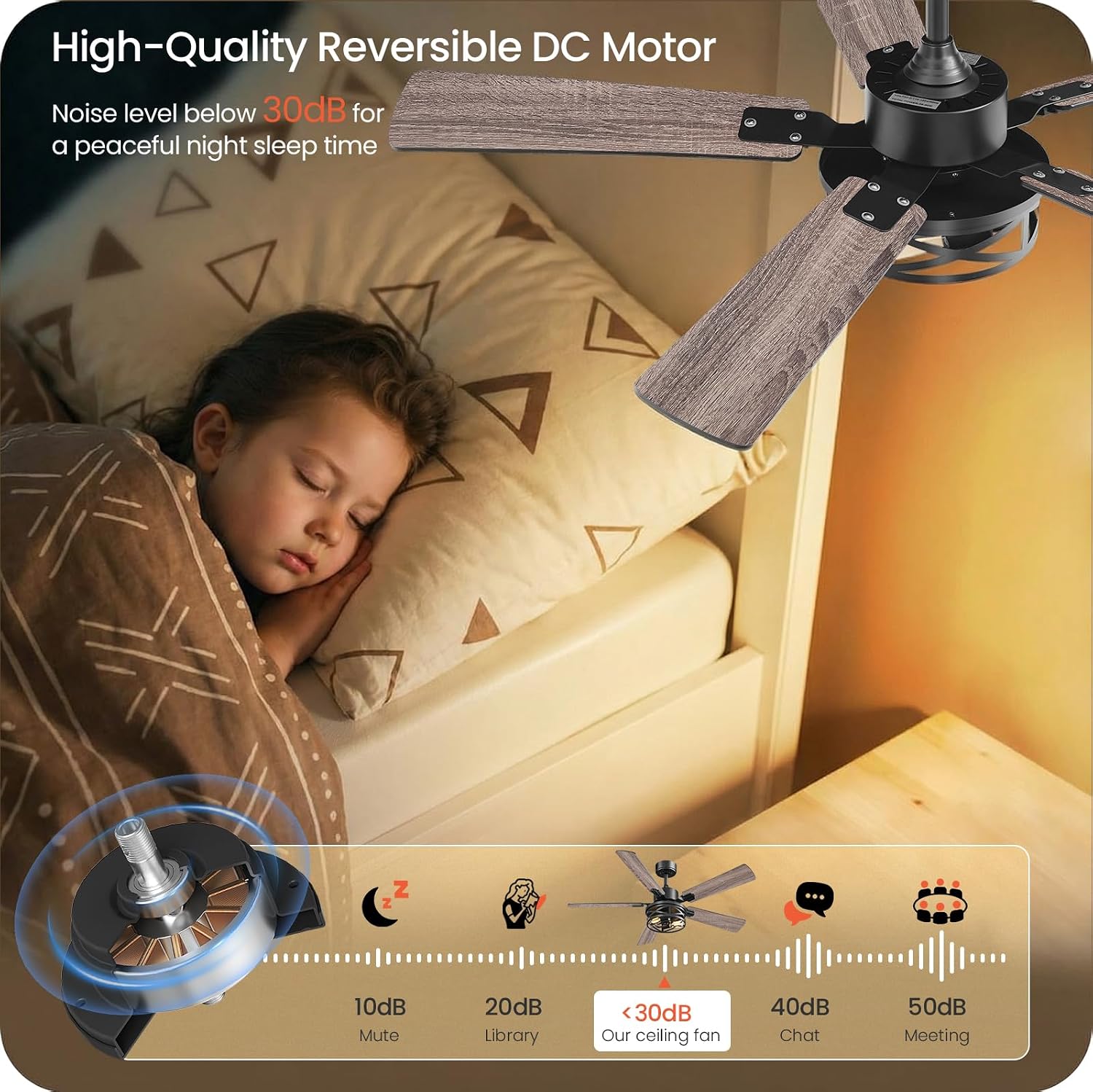 52 Inch Farmhouse Ceiling Fan with Lights and Remote, Timer, Dual Finish 5 Blades (Gray Oak and Black), 6 Speeds, Reversible DC Motor, Rustic & Industrial Caged Ceiling Fan for Bedroom HB01CF05