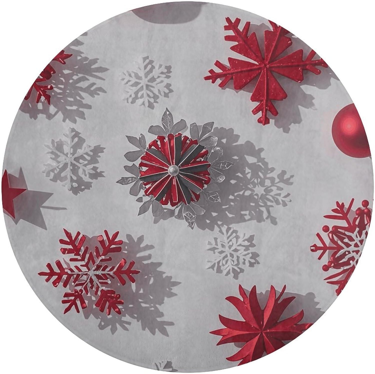 Christmas Red and Gray Snowflakes Coral Velvet Round Floor Mat Non-Slip Bath Rug Floor Covering for Bathroom Vanity Guest Suite & Vacation Home