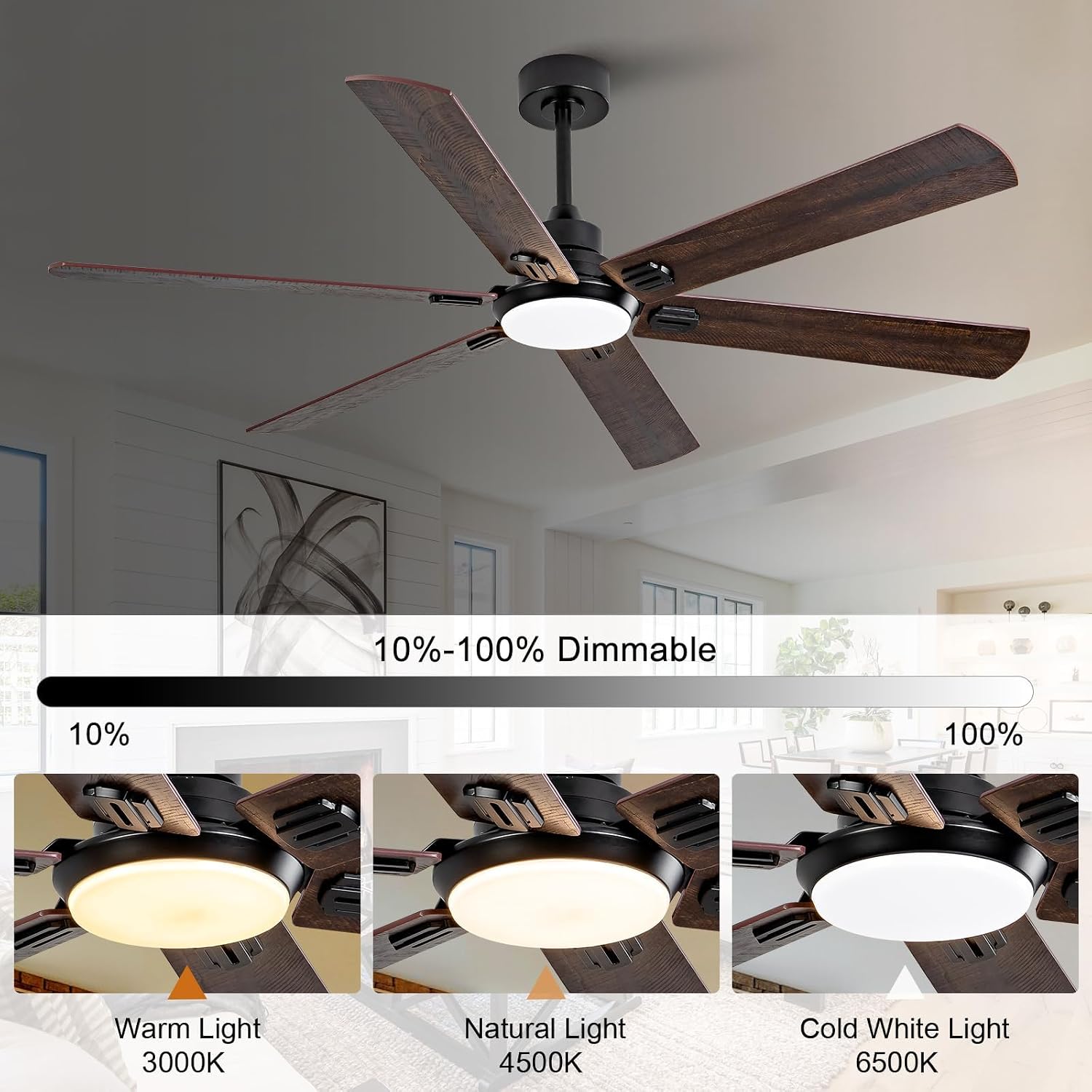 BOOMJOY 60 Inch Black Outdoor Ceiling Fans with Lights and Remote, Dimmable 6 Blade Large Outdoor Ceiling Fans for Patios, Black Ceiling Fan with Light for Bedroom Indoor Living Room