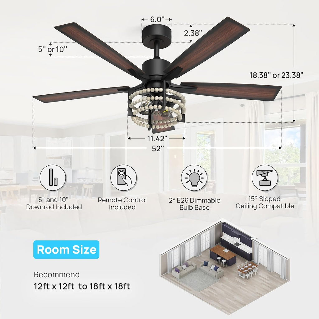 Consciot Boho Ceiling Fans with Lights Remote 52 Inch, Farmhouse Caged Ceiling Fan, 5 Double Finish Wood Blades, Reversible DC Motor, Rustic Ceiling Fan for Living Rooms, Bedrooms, Porch, Boho Decor