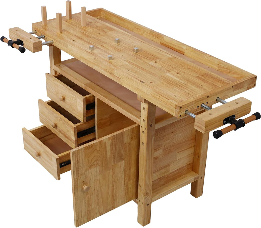 Wood Workbench - 55-Inch Acacia Hardwood Workbench with Drawer - Heavy Duty Work Bench Table, with Bar Clamps Set 2 pcs 12' x 3'+ 2pcs 20' x4-3/4,4pcs Pack, for Garage, Workshop, Home Storage