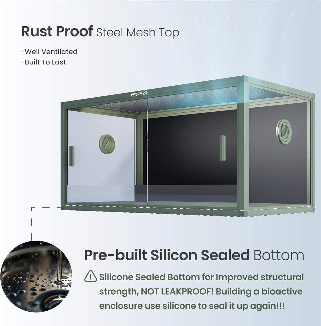 Phailozoo 50 Gallon Reptile Enclosure, Colorful Aluminum Frames Reptile Tank Assemble Within 6 Steps, Rust Proof Mesh Top for Air Circulation & Light Penetration, Dual Grommets for Multiple Wire Use