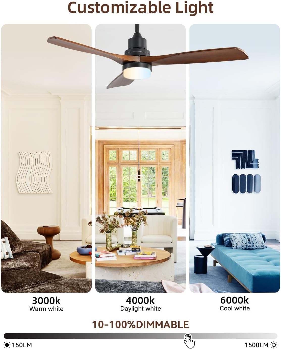 Sofucor 52 Inch Ceiling Fans with Lights and Remote Control, Modern Solid Wood Outdoor Ceiling Fan with Light for Bedroom Living Room Indoor Farmhouse Patio, Quiet DC Motor