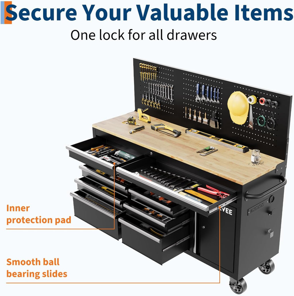 60 Inch Rolling Tool Chest Workbench, 10 Drawer Tool Box with Pegboard & Lock, Mobile Garage Tool Cabinet with Charging Station, Heavy Duty Workbench for Workshop, Black